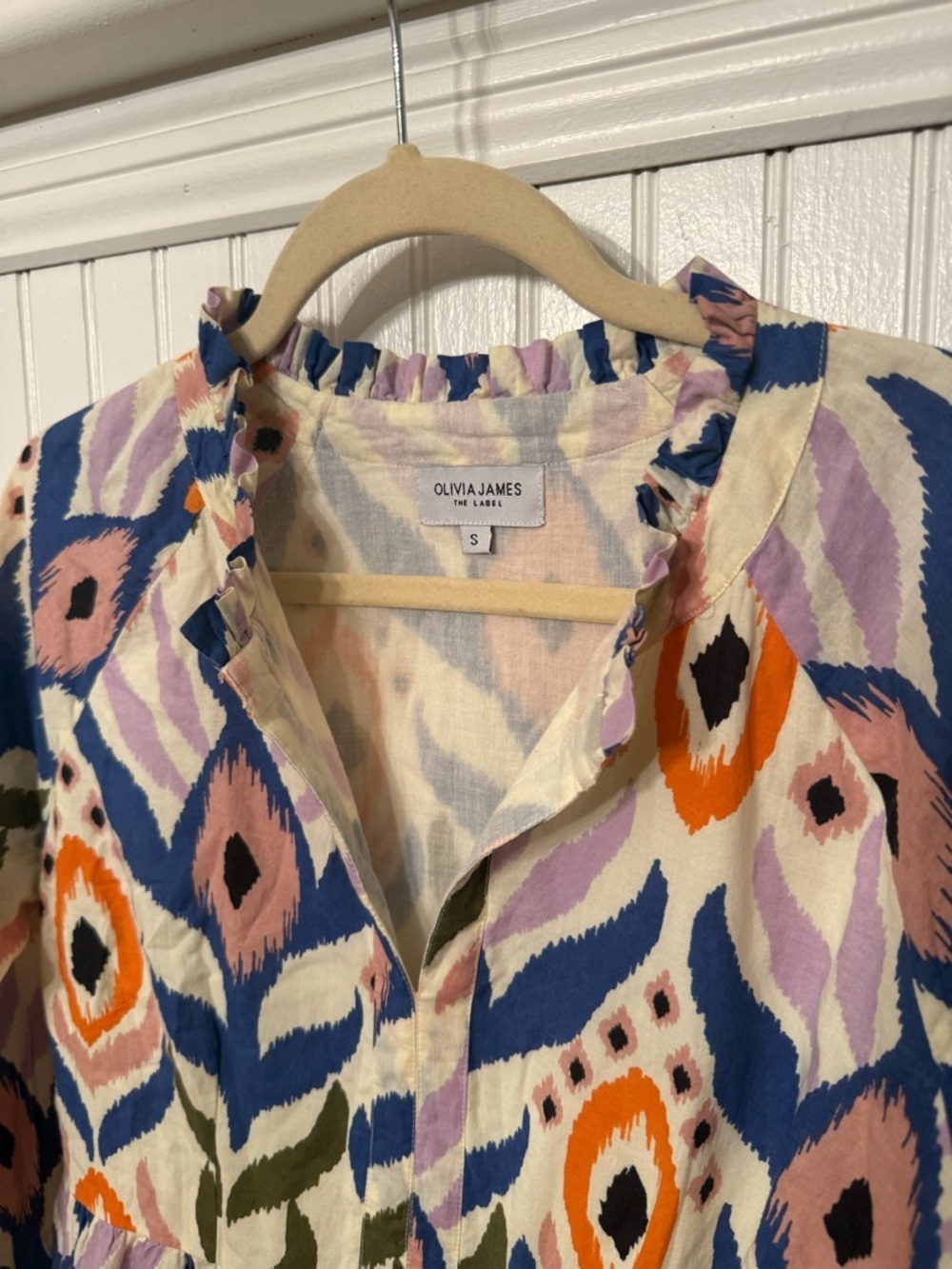 Olivia James The Label Waverly Ikat Print Long Sleeve Small Mini Dress - Picture 2 of 5